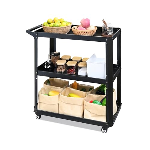 3 Tier Metal Utility Rolling Cart with Wheels, Black - color: Black
