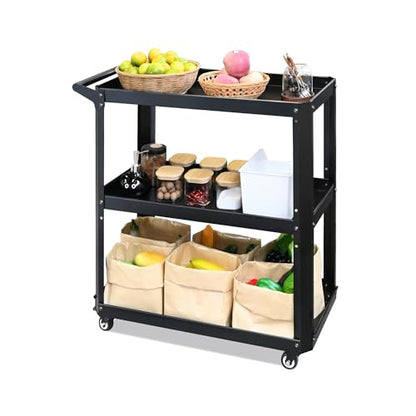 3 Tier Metal Utility Rolling Cart with Wheels, Black - color: Black