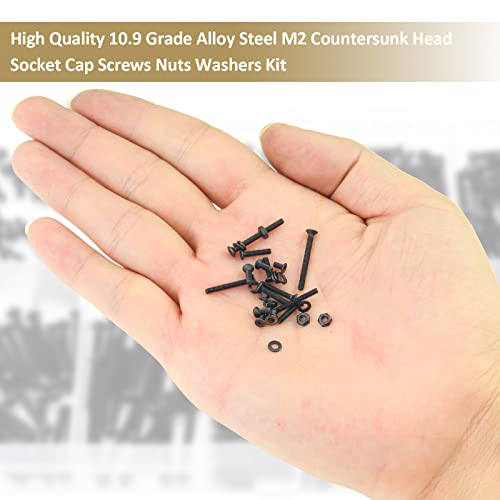 562 Pieces Black M2 x 4/6 /8/10 /12/16 /20mm Countersunk Head Socket Cap Screws Nuts Washers Assortment Kit, 10.9 Grade Alloy Steel - size: M2, style: Countersunk Head
