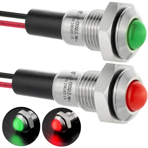 UL Listed Mini Indicator Light 8mm 0.31" Waterproof Domed Metal Stainless Steel Signal Lamp 12V-24V DC/AC Red and Green LED Light with 140mm Wire - color: Multi-colored, size: 12-24V DC/AC