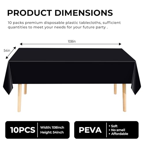10 Pack Premium Disposable Plastic Tablecloth 54" X 108" Rectangle Table Cover for Birthdays Weddings Christmas Anniversary Buffet Table (Black) - color: Black, size: 54" X 108" Rectangle