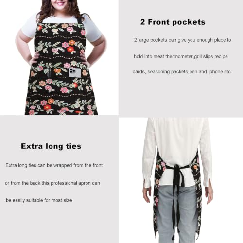 Plus Size Adjustable Bib Apron Water Resistant Canvas Extra Wide Long Ties Aprons with 2 Pockets Kitchen Cooking Gardening - color: Floral Wave Pattern
