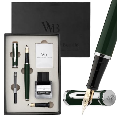 Wordsworth & Black Fountain Pen Gift Set, Medium & Extra Fine Nib, Green - color: Green Chrome