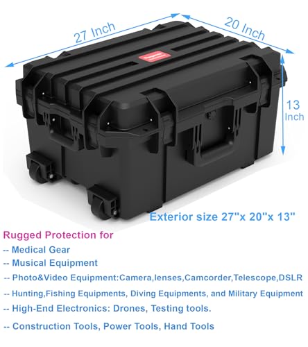 Regetek 27" Waterproof Hard Case with Foam, Rolling Equipment Flight Case with Wheels & Retractable Handle for Camera, Drone, Tools, Electronics, Heavy Duty, IP67 Rated, Inner 21.6"X 14.6"X10.2"