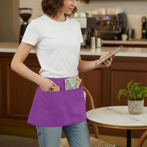 BOHARERS Waist Purple Apron with 3 Pockets - Black Waitress Server Short Apron - color: 1 Pack Purple