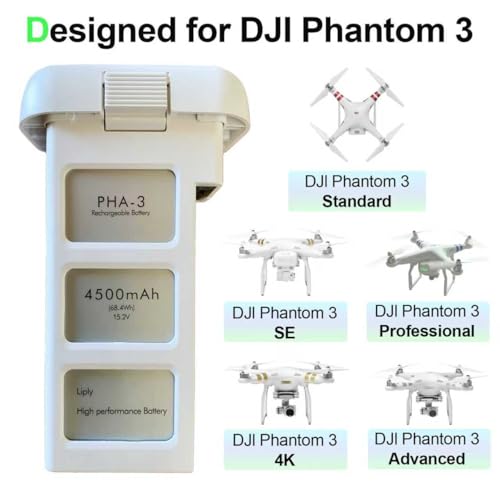 Phantom 3 Battery 4500mAh 15.2V Intelligent Flight Replacement Extended Battery, 23-Min Flight Time, for DJI Phantom 3 Pro/Advanced/4K/SE/Standard Drone