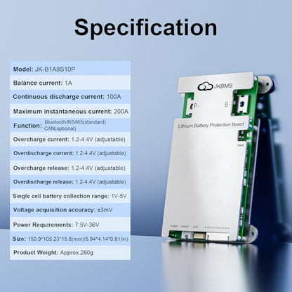 JKBMS JK-B1A8S10P 3S-8S 100A BMS Battery Management System, 1A Balance - size: JK-B1A8S10P