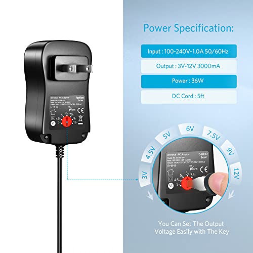 Belker 36W Universal 3V 4.5V 5V 6V 7.5V 9V 12V USBC AC Adapter with 10 Tips - size: 36w 3-12v 3a