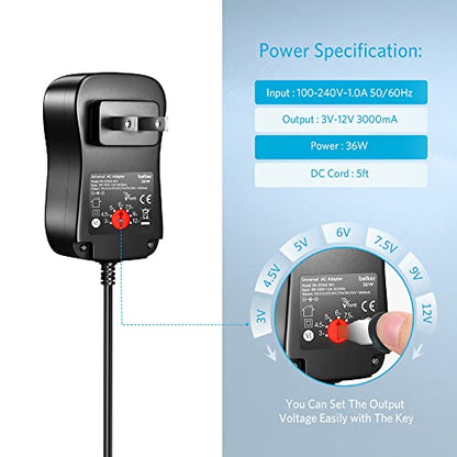 Belker 36W Universal 3V 4.5V 5V 6V 7.5V 9V 12V USBC AC Adapter with 10 Tips - size: 36w 3-12v 3a