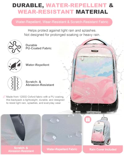 NEW TILAMI 19 Inch Rolling Backpack for School Stair-Climbing Big Wheel - color: Pink