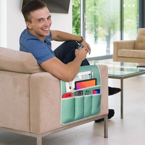 Remote Control Holder for Armchair Caddy, Remote Holder with 5 Pockets - color: MintGreen, size: 35"x12.4"