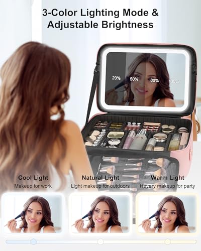 Relavel Large Makeup Case with LED Mirror, 16.2" Train Case with Dividers - color: 01-Pink, size: 3-Large