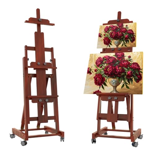 H-Frame Foldable Easel, Adjustable Height & Angle (Vertical to Horizontal), Removable Floor Art Easel for Adults, Holds Two Canvases Up to 77 Inches, Walnut Finish - color: Walnut