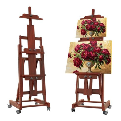 H-Frame Foldable Easel, Adjustable Height & Angle (Vertical to Horizontal), Removable Floor Art Easel for Adults, Holds Two Canvases Up to 77 Inches, Walnut Finish - color: Walnut