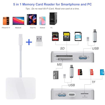 SD Card Reader, 5 in 1 USB-C & USB Card Adapter with SD/MicroSD/MS and Dual USB-A Ports Memory Card Reader for iPhone 17/16/15 Pro Max iPad MacBook Pro/Air M4/M3 Android Phone/Tablet PC (White) - color: White