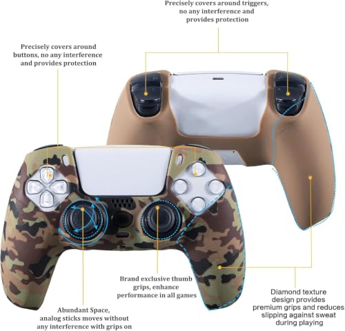 YoRHa Grip Texture Silicone Skin for PS5 Controller x 2(Brown Camouflage) with Pro Thumb Grips x 8