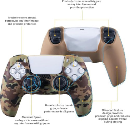YoRHa Grip Texture Silicone Skin for PS5 Controller x 2(Brown Camouflage) with Pro Thumb Grips x 8