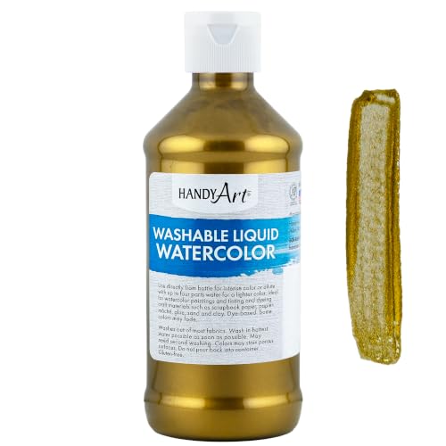 Handy Art Washable Liquid Watercolor Paint, Metallic Brass, 8 oz Bottle - color: Metallic Brass