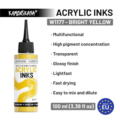 Kamenskaya Acrylic Inks, Bright Yellow Acrylic Ink, 3.38 Fl Oz (100 ml) - color: Bright Yellow