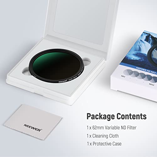 NEEWER 62mm HD Variable ND Filter ND2-ND32 (1-5 Stops) No X Cross/Optical Glass/30 Layer Nano Coated/Ultra Slim Aluminum Alloy Frame/Water Repellent/Anti Scratch Adjustable Neutral Density Filter - size: 62mm, style: HD ND2-ND32