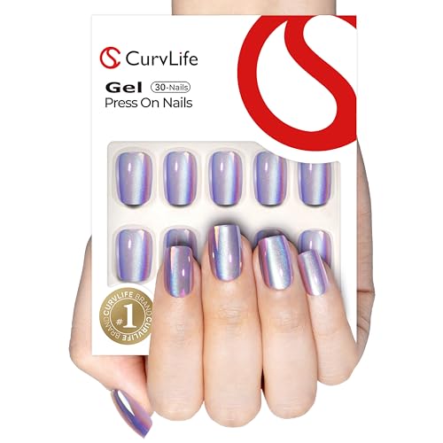 CurvLife Chrome Square Cat Eye Press On Nails, Purple, Soft Gel - color: chrome cat eye nails