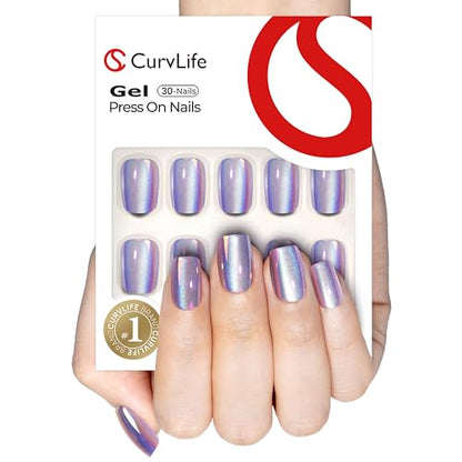 CurvLife Chrome Square Cat Eye Press On Nails, Purple, Soft Gel - color: chrome cat eye nails
