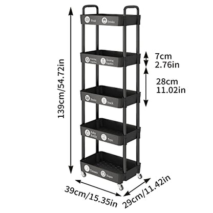 5 Tier Rolling Cart with Wheels,Utility Storage Carts,Black - color: Black, size: 5-Tier