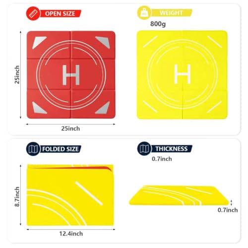 Night Reflective Drone Landing Pad, Foldable Quick-Fold Heavy-Duty Double-Sided Launch Pad (25 inch), Waterproof and Dirt-Resistant Portable, Drone Accessory - Yellow/Red - color: Yellow/Red-25inch