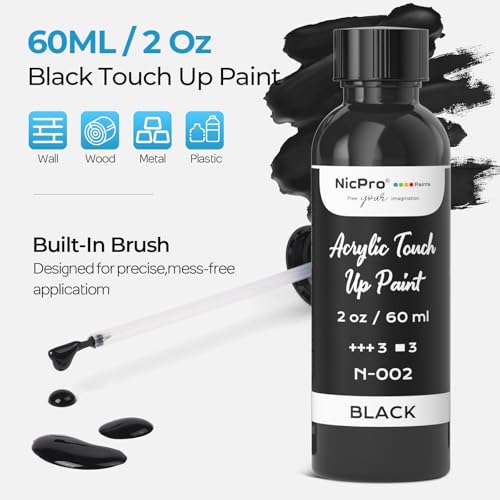 Nicpro Black Touch Up Paint, 2oz/60ml High Gloss Acrylic Touch Up Paint Pen - color: Black