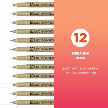 SAKURA Pigma Micron Fineliner Pens, Sepia, 003 Point, Box of 12