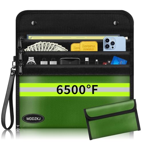 Fire Proof Bag for Documents 3 Pockets(6500℉),2 Pack Fireproof Money Bag with 3 Water-Resistant Zipper,10 Layers of Heat Insulated Materials,for Cash,Valuables,Legal Documents Safe - color: Green, size: 3pockets+Small bag