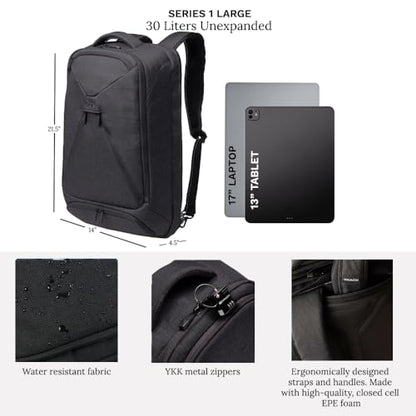 Knack Series 1 Large Travel Backpack, 17-Inch Laptop, Expandable 30L-46L - color: Black, size: Large