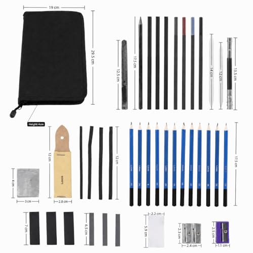 Drawing Pencils Kit, 40 Piece Sketching Set with Graphite, Charcoal, Pastel Pencils, Erasers, Sharpeners, Carrying Bag