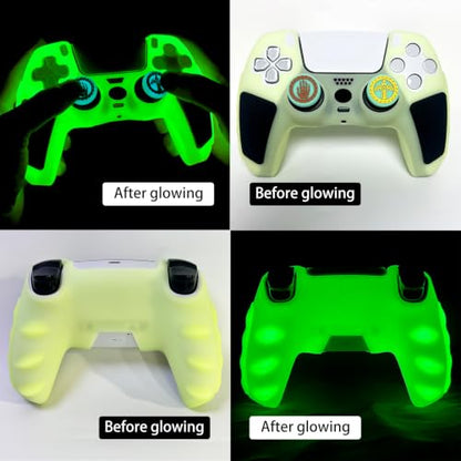 2 Pack Glow in The Dark Green PS5 Controller Skin,Include 4 Pcs Thumb Grips Glow Accessories. (2 Pack Glow Green Black) - color: 2 Pack Glow Green Black