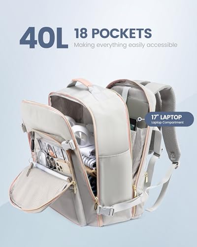LOVEVOOK 40L Travel Backpack Flight Approved Carry on Backpack,3 Packing Cubes,Waterproof Personal Item Travel Bag,TSA Carry on Luggage Suitcase Travel Essentials,Gifts for Women & Men,fits 17" Laptop - color: A-light Gray-pink, size: Large-40L-4Pcs(Stand