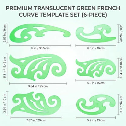 TecUnite 6 Pcs French Curve Rulers Set, Clear Green Plastic Templates