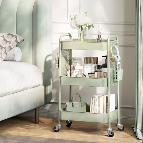 TOOLF 3 Tier Rolling Cart, Metal Utility Storage Cart with Pegboard, Green - color: Green, size: 3-Tier
