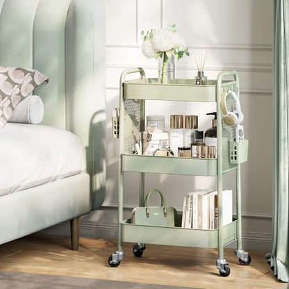 TOOLF 3 Tier Rolling Cart, Metal Utility Storage Cart with Pegboard, Green - color: Green, size: 3-Tier