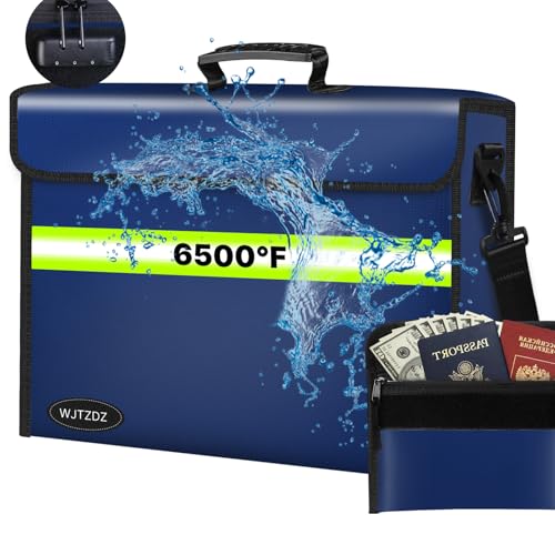Fireproof Money Bags with Lock-6500°F Fireproof Document Box,10 Layers Insulation Materials&Waterproof Zipper,Removable Folder Layers/Wallet,Reflective Strip for Cash,Valuables(14.2”x 9.6”x 4.1”) - color: Blue, size: Medium