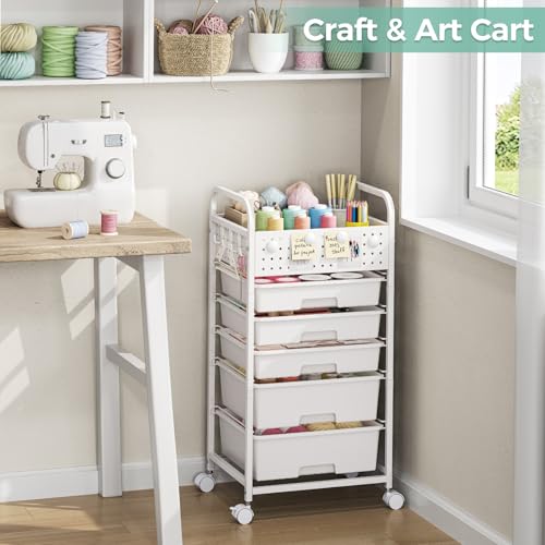 5 Drawer Rolling Storage Cart with Pegboard Top and Hooks, White - color: White, size: 5-Drawers
