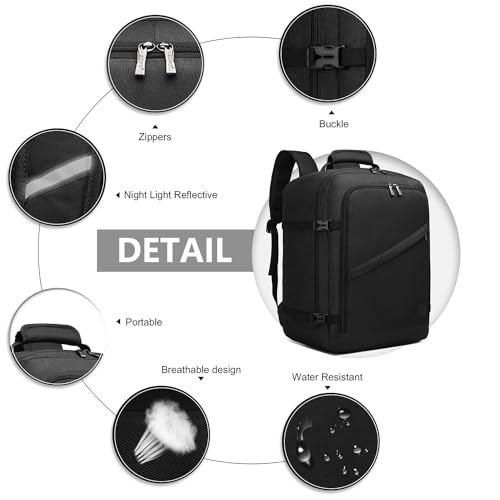 Kono Travel Backpack Airline Approved Overhead Bin Personal Item Bag - color: Black, size: Medium