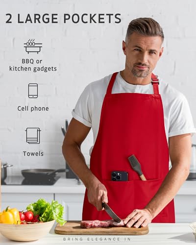 Syntus Chef Apron for Men Women with Pockets, Thick Grilling BBQ Apron - color: Red