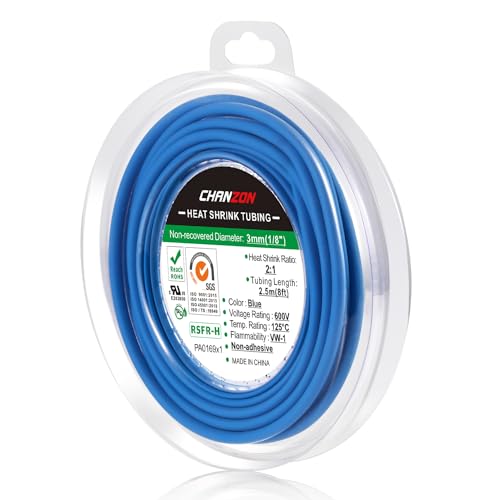 Chanzon 2:1 Ratio 1/8" (3mm) Heat Shrink Tubing 8Ft Roll Blue - color: Blue, size: 3mm (1/8") - 8FT