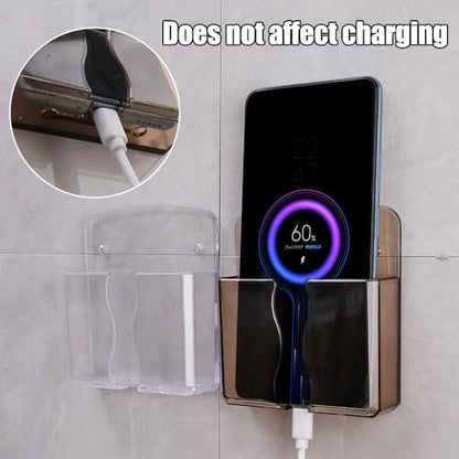 1Pcs Multifunction Organizer Storage Box Home Wall Mounted Punch Free TV Remote Control Mobile Phone Charging Storage Bracket (Transparent) - color: Transparent