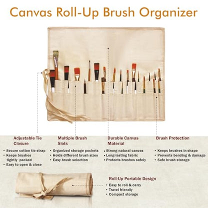 Liquidraw 30 Pocket Roll-Up Canvas Paint Brush Holder, 21 x 18in (Natural) - color: Natural