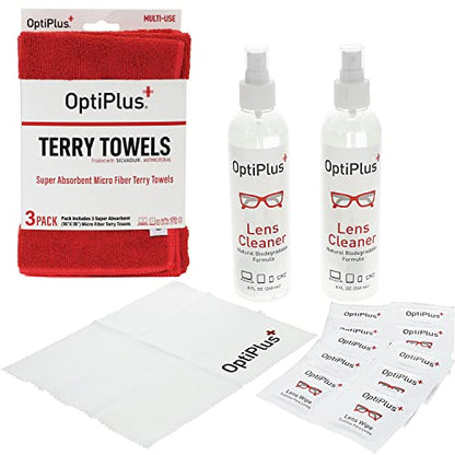 OptiPlus 16oz All Natural Lens and Screen Cleaning Pack, Lens Wipes, Microfiber Cloth and 16 x 16 Microfiber Terry Towel 3 Pack (Red)