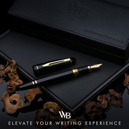 Wordsworth & Black Majesti Fountain Pen Set for Writing, Medium Nib - color: Black Gold, style: Medium Nib