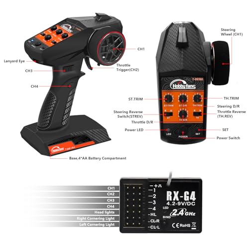 RC Remote Control 4CH 2.4G Transmitter with Receiver and Lanyard for RC Car Crawler Boat - color: Black & Orange
