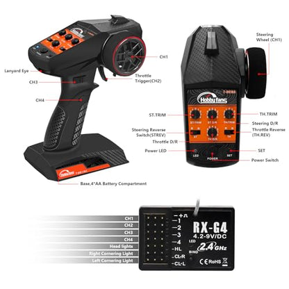 RC Remote Control 4CH 2.4G Transmitter with Receiver and Lanyard for RC Car Crawler Boat - color: Black & Orange
