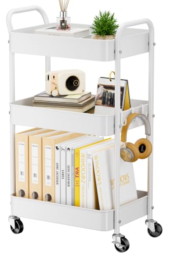YASONIC 3-Tier Metal Rolling Cart Utility Carts with Wheels White - color: White